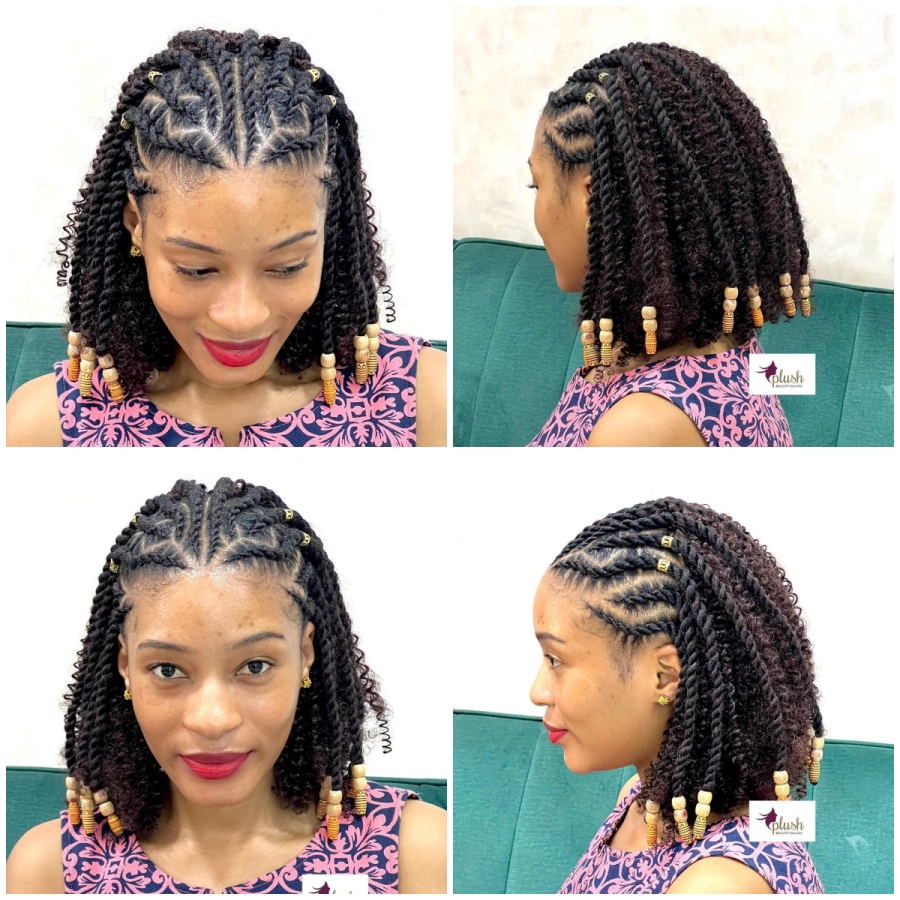 8. Cornrow Flat Twists on Knotless Bob