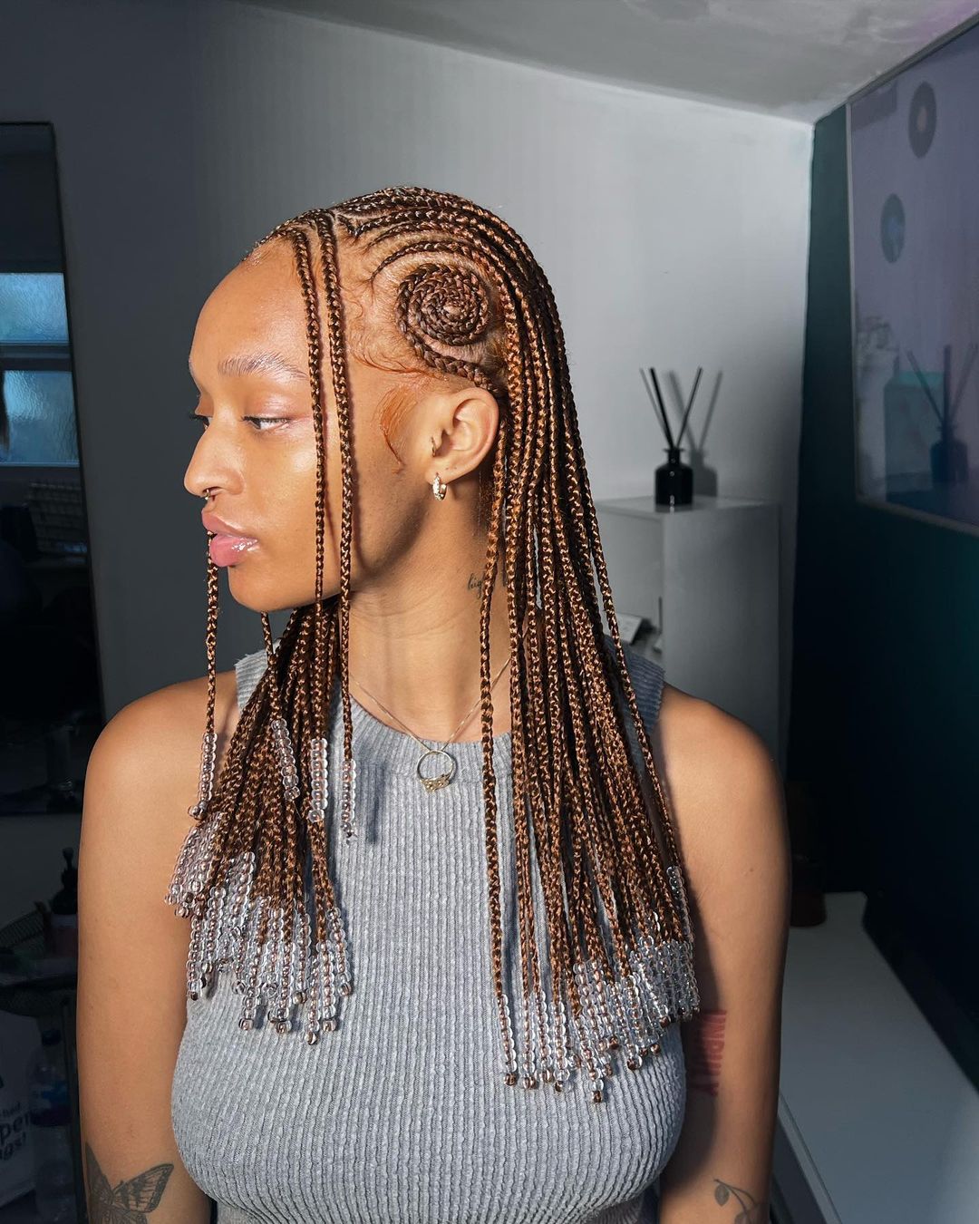 21. Small Fulani Braids with White Beads