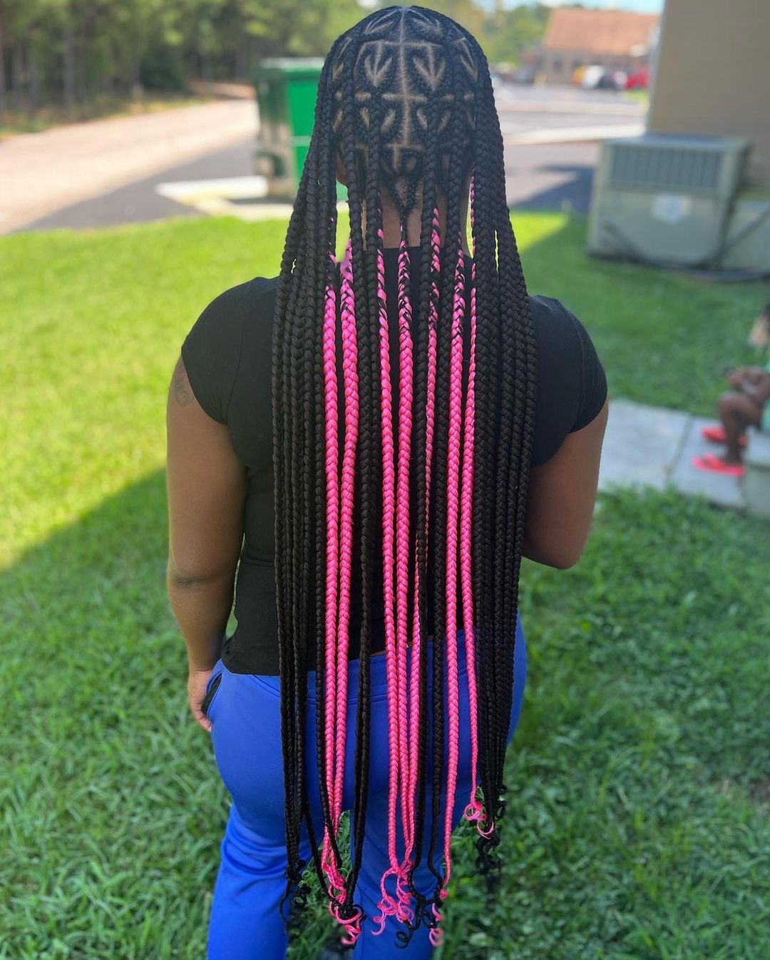 24. Hip Length Black And Pink Heart Parted Knotless Braids