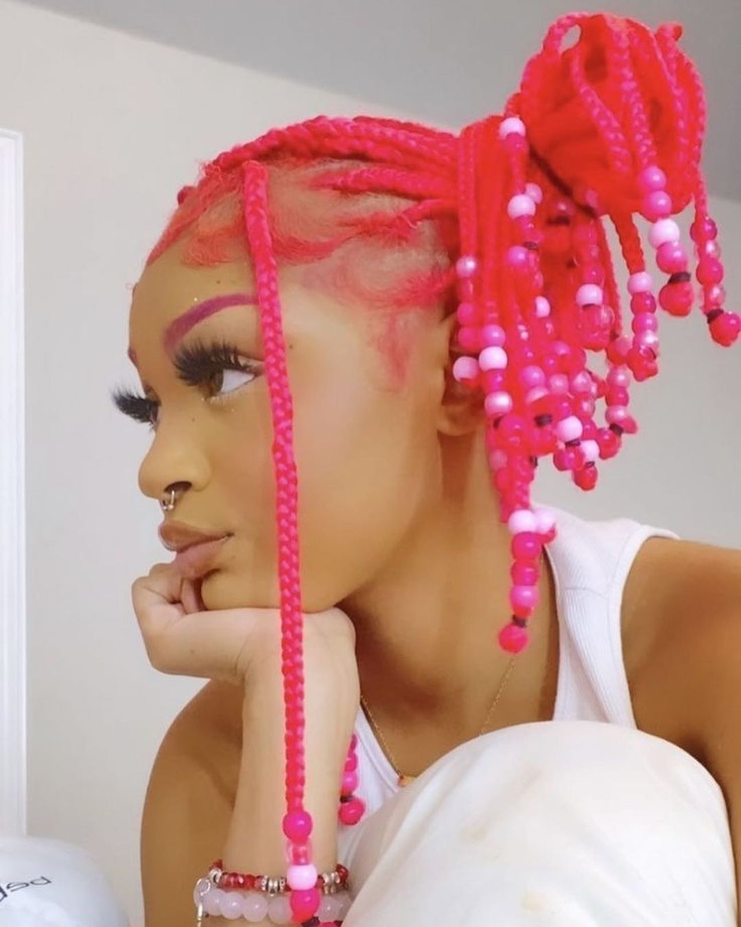 15. All Pink One-Sided Knotless Braids Updo With Beads