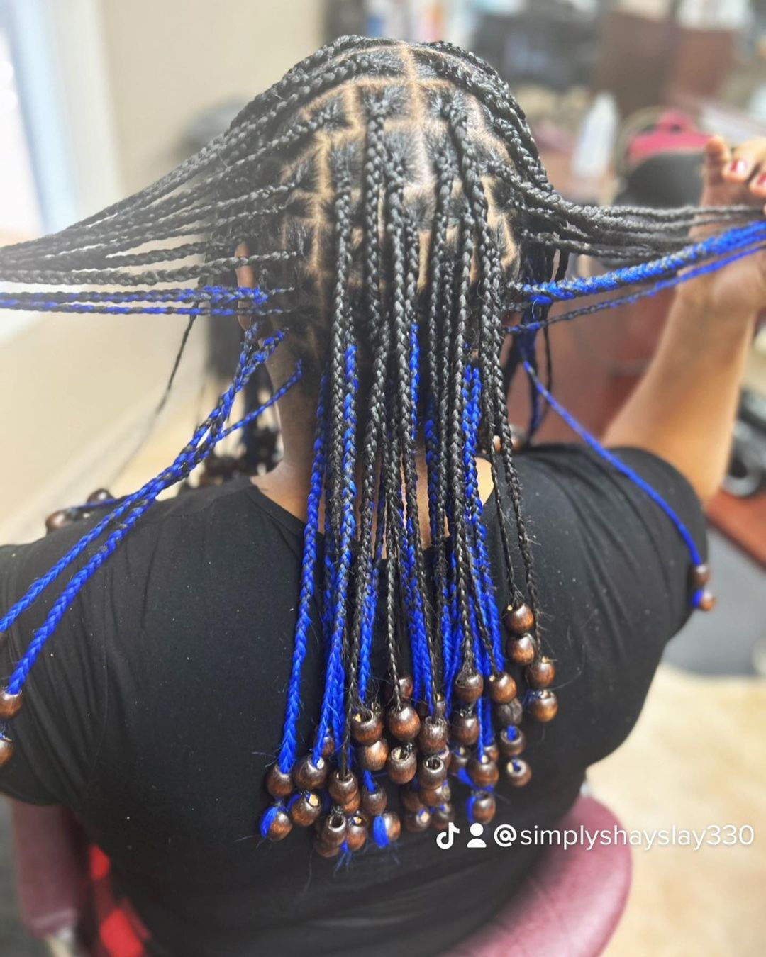 33. Mini Black And Blue Knotless Braids With Brown Beads