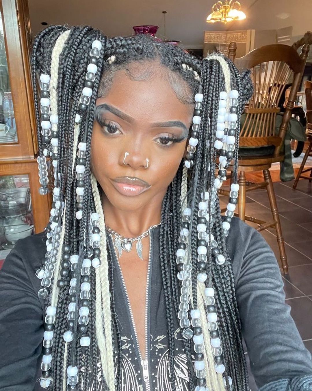 19. Black And Gray Full Double Knot Knotless Braids With Full Beads