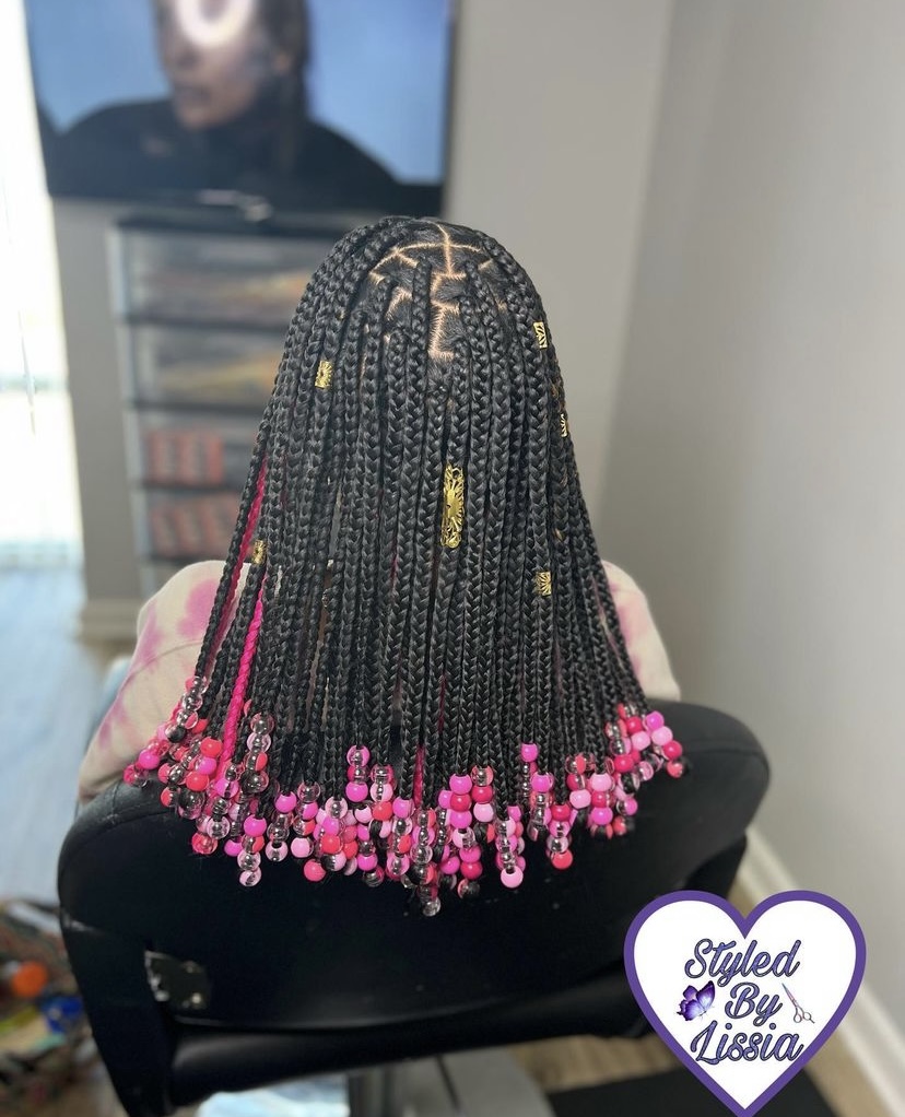 48. Short Knotless Braids with Pink Beads