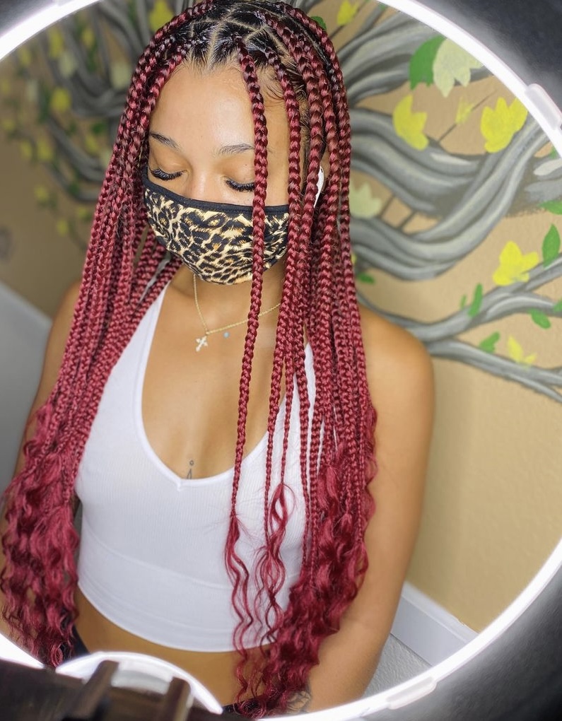 29. Wine-Coloured Knotless Braids 