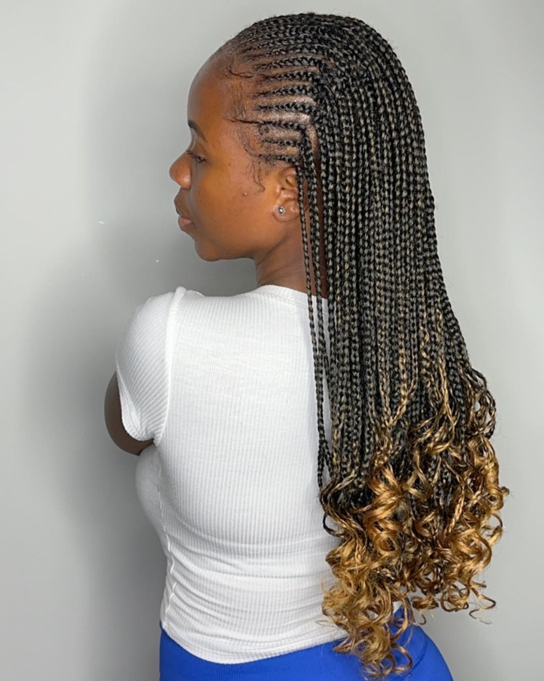 35. Half Feed In Cornrows Half Knotless Braids With Large Gold Curly Ends