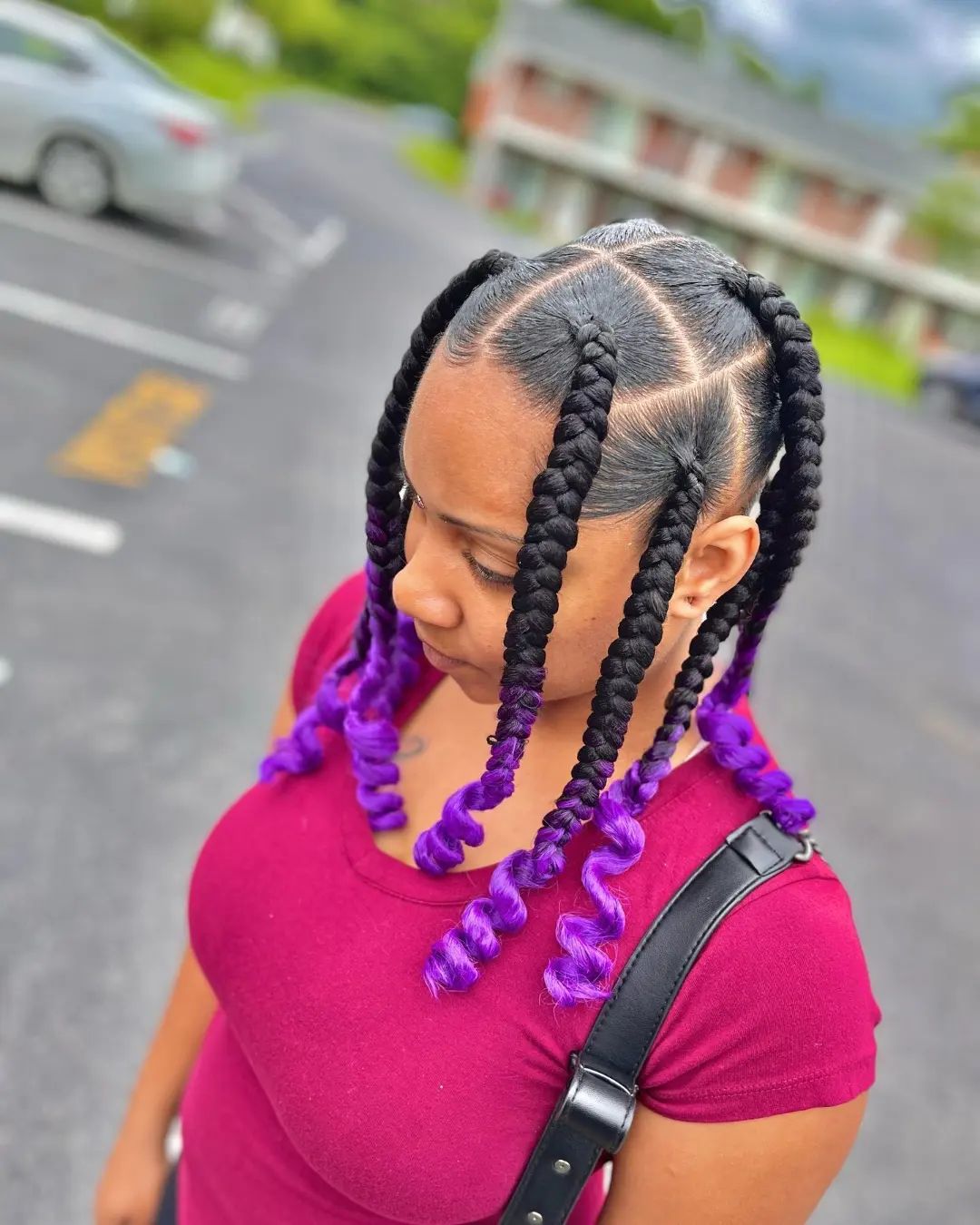 46. Short Scanty Jumbo Black Knotless Braids With Purple Curly Ends