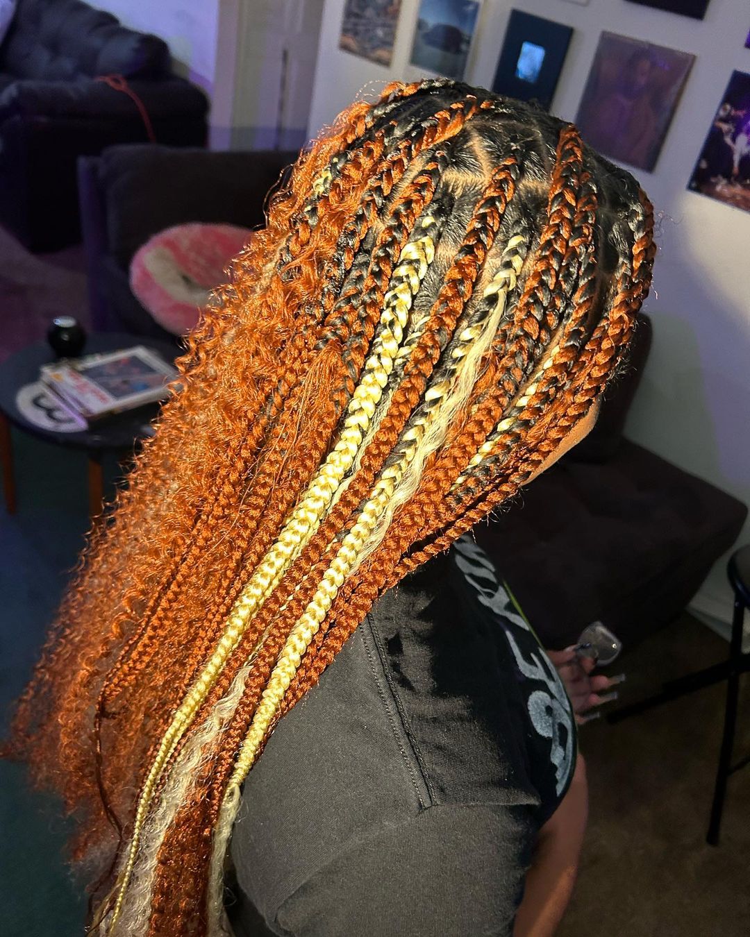 33. Large Orange And Gray Mix Knotless Braids With Curls