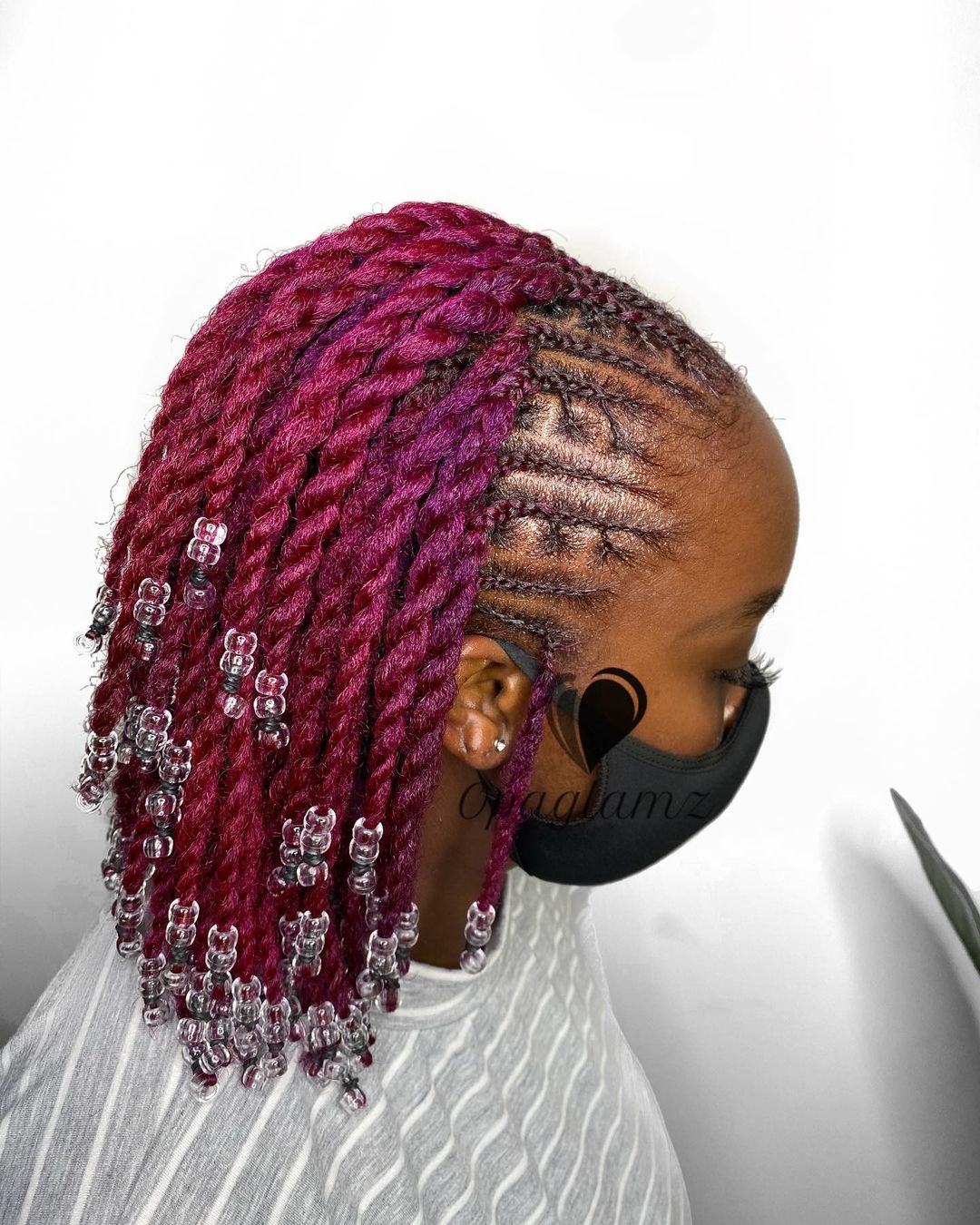 34. Mini Cornrows on Short Pink Twist With Wool And Beaded Ends