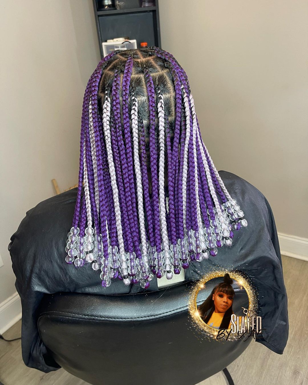 19. Purple and White Colored Knotless Braids with Beads