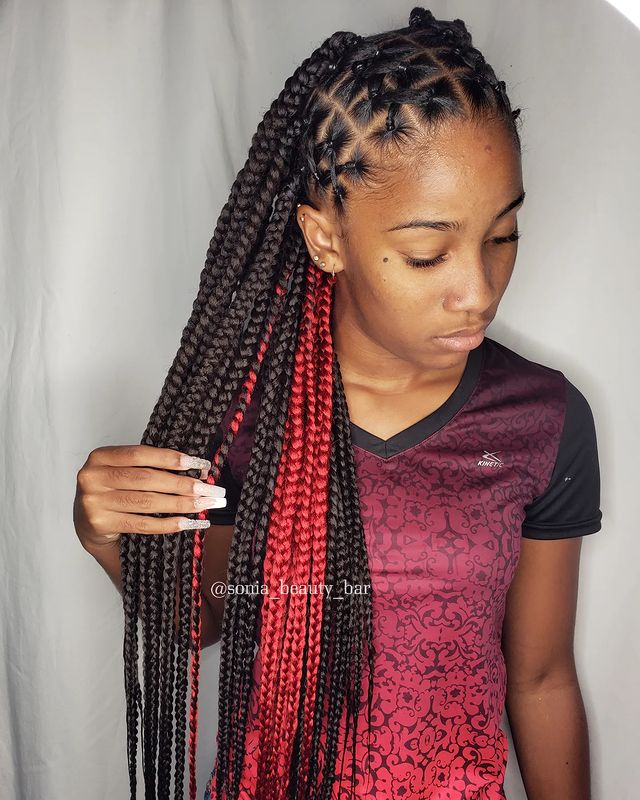 10. Red and Black Criss Cross Knotless Braids