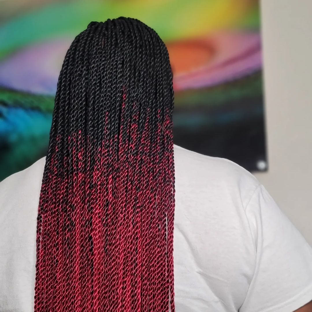 23. Black Long Mini Twist With Burgundy Colored Ends