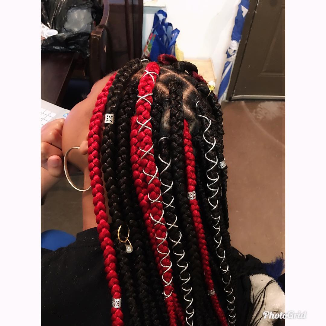 47. Black And Red Box Braids With Accessories